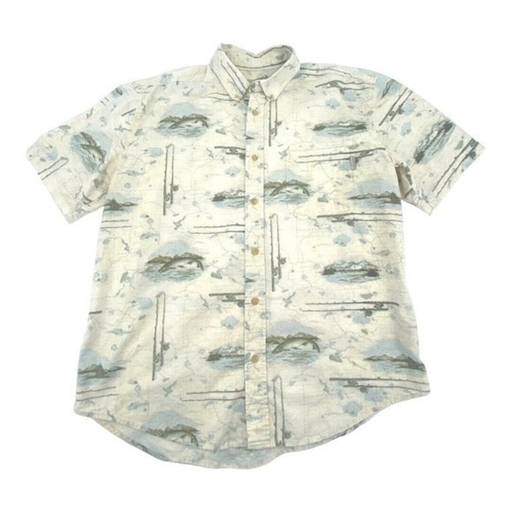 Woolrich Camp Shirt Fishing Pattern Tan Short Sleeve Cotton Size Large‎